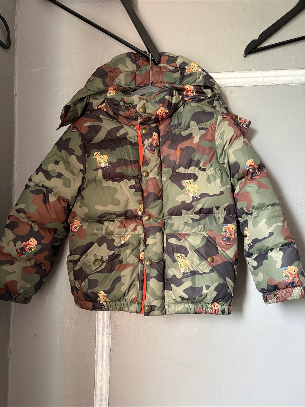 Polo by Ralph Lauren Kids Camo Puffer Jacket with Bear Motif - Green/Brown
